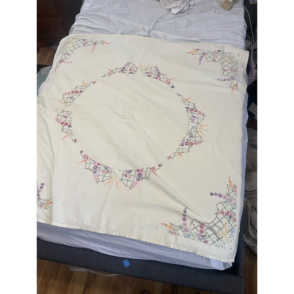 Cross stiched Antique Tablecloth Embroidery Ivory Beige